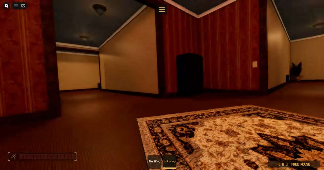 In-game view of manor interior hallway showing doorway, patterned wallpaper, and floor rug