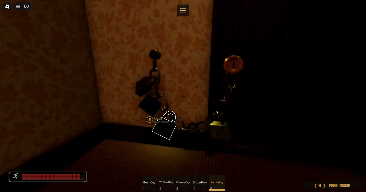 In-game view of exit doorway barrier with padlocks and chains visible